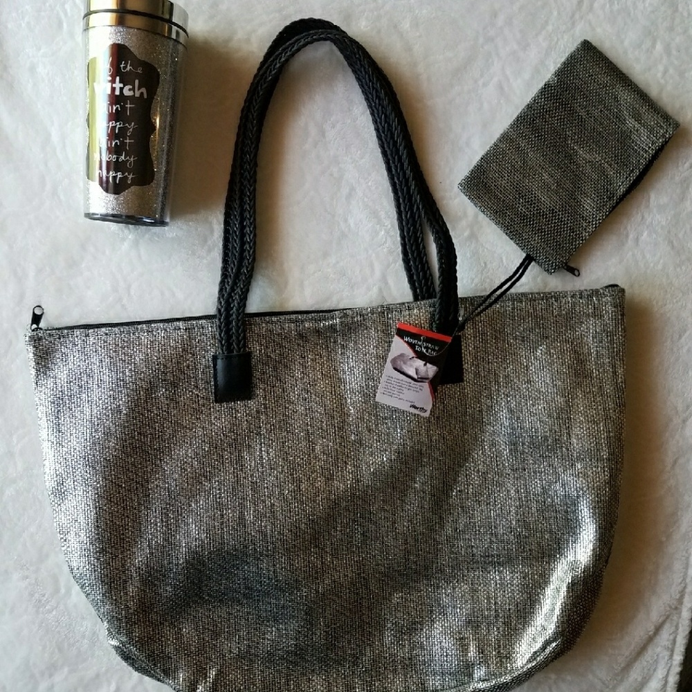  NWT Silver Woven Straw Tote Bag 
