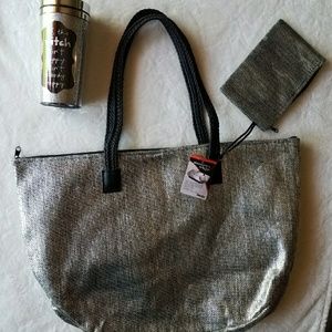  NWT Silver Woven Straw Tote Bag 