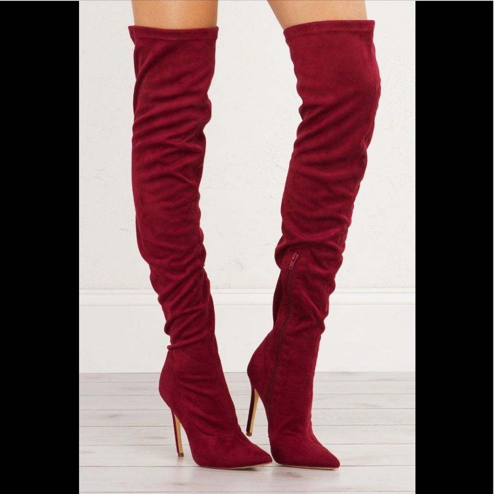 Maroon thigh high stiletto boots