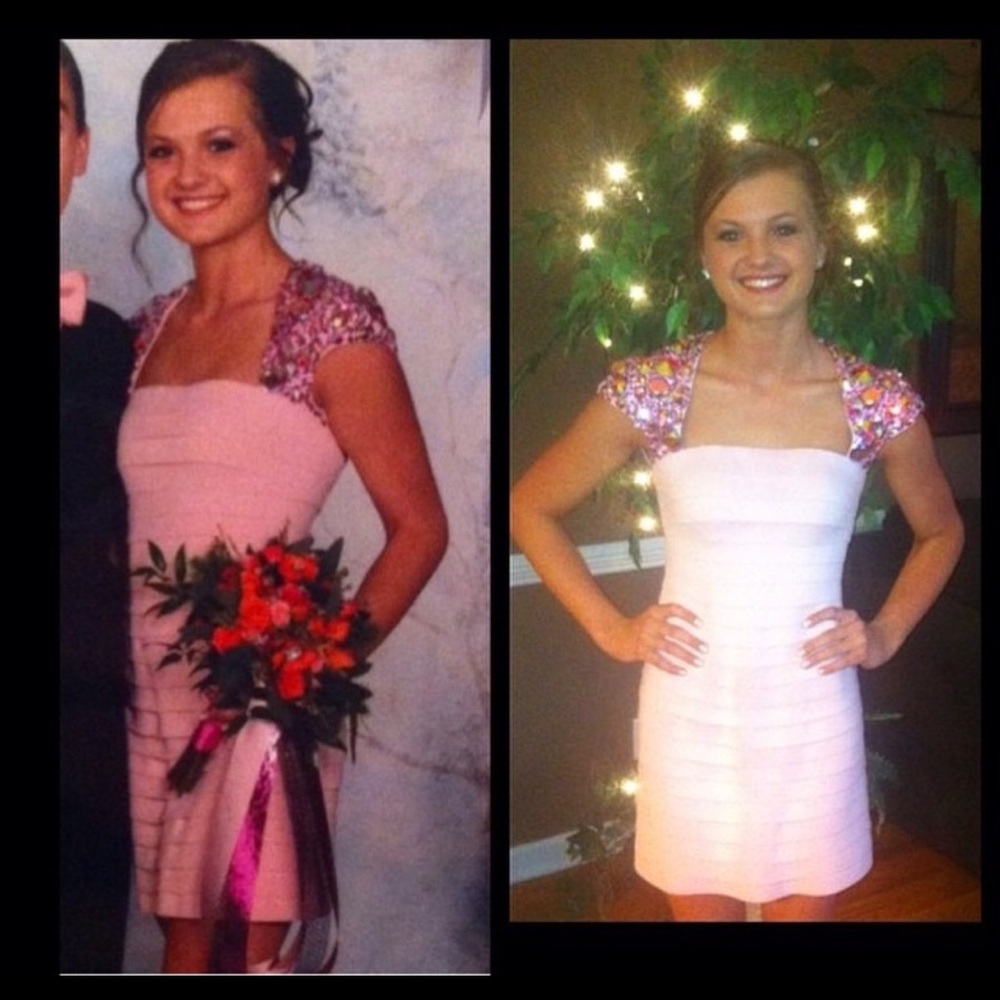 Sherri Hill. Pink, capped shoulder, bandage dress