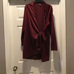 Silk maroon mini long sleeve wrap dress