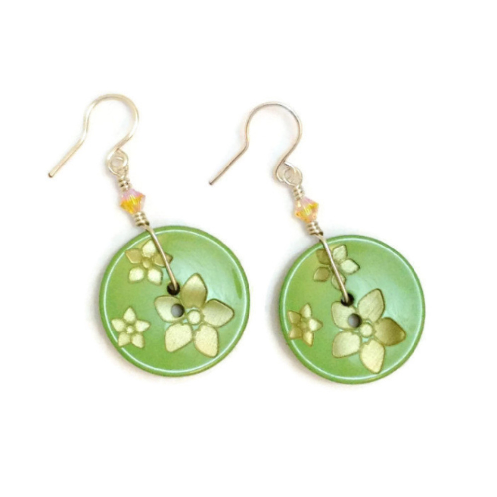 Green & Yellow Flower Wire Wrapped Button Earrings