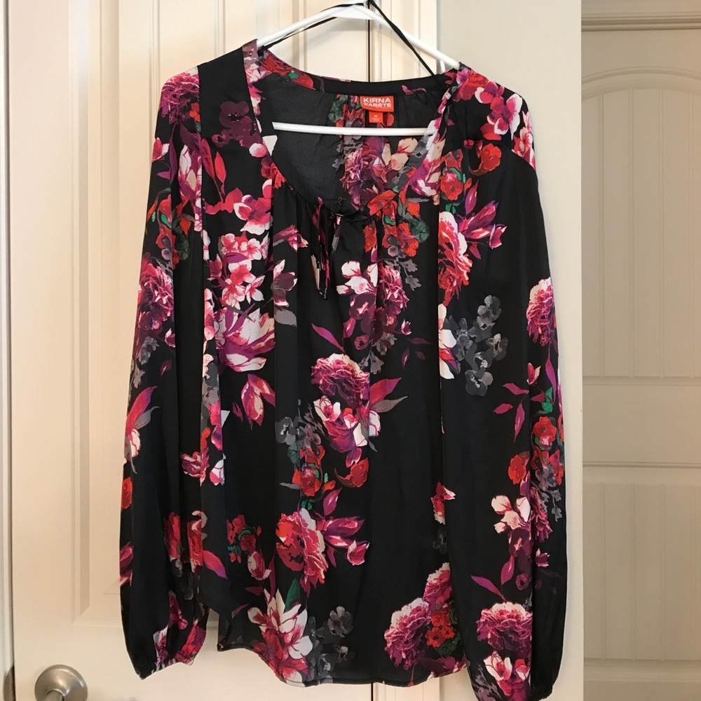 Black and Floral Long Sleeve Tie Front Top, Sz M