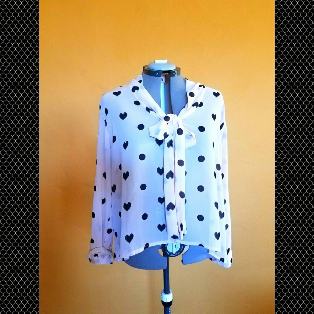 Plus size chiffon polka dot & hearts blouse