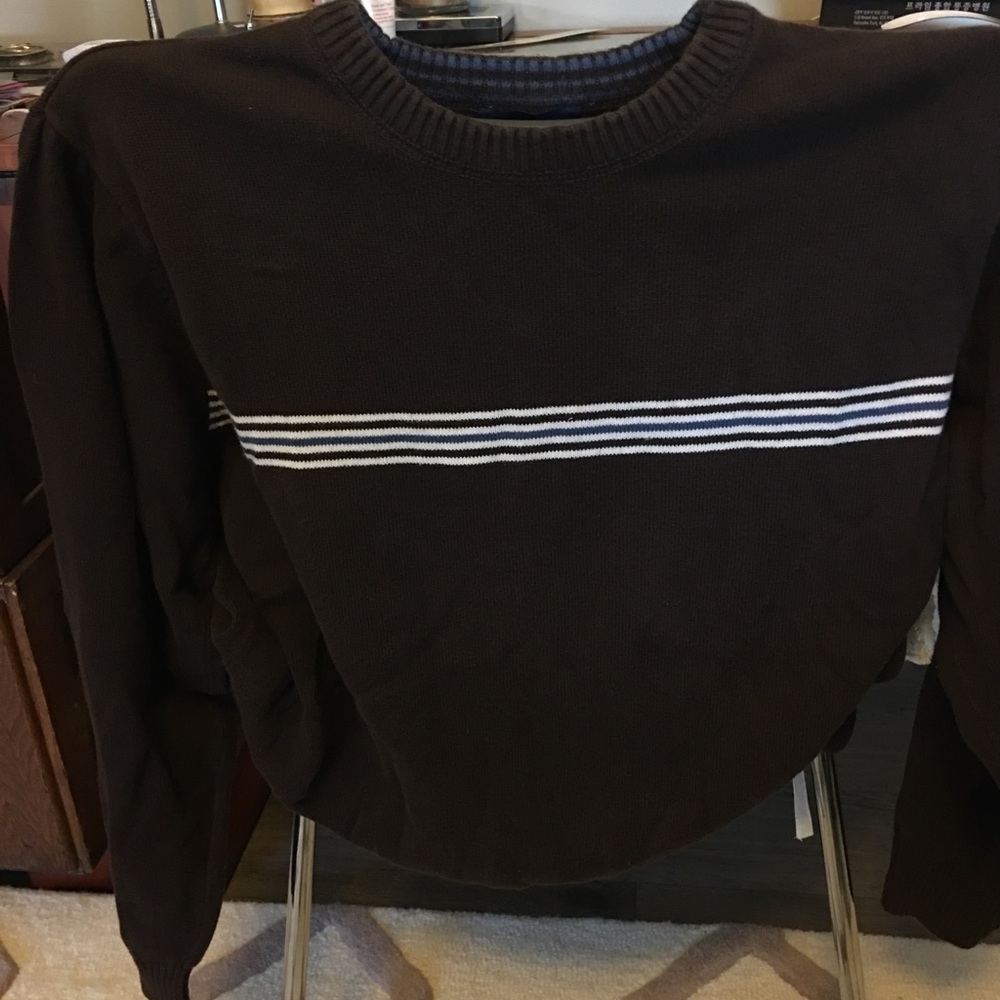 Brown with white and blue and thin stripes