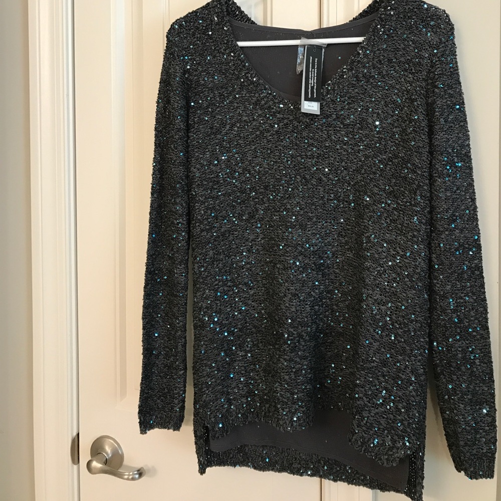 NWT Grey Knit and Turquoise Sequin Sweater, Size M