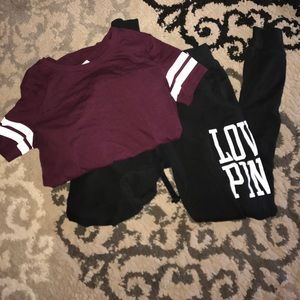 VS PINK sweat pants and varsity tee
