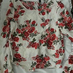 H&M Red Flowered Blouse With Button Down Back
