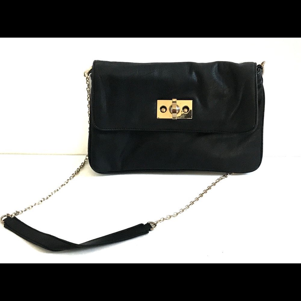 Black shoulder bag with gold strap