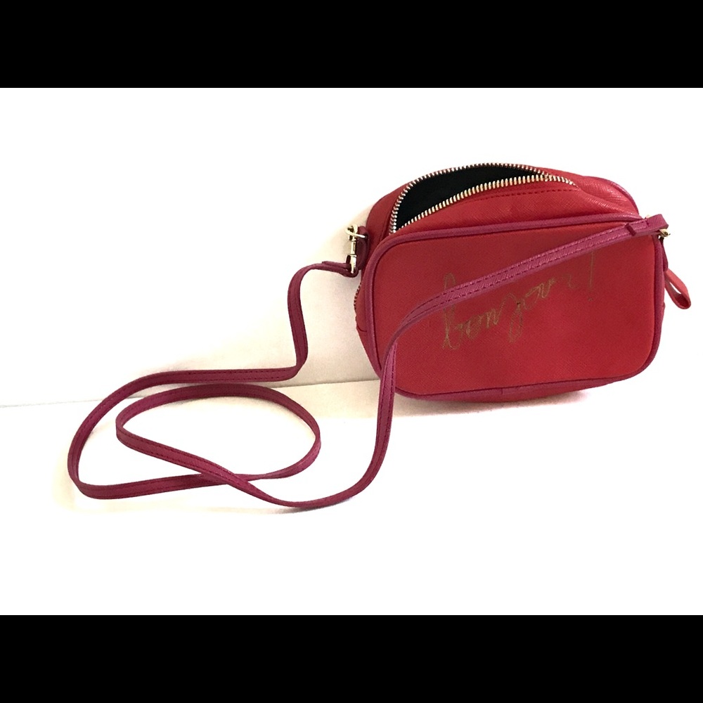 Mini red leather bag with Bonjour saying