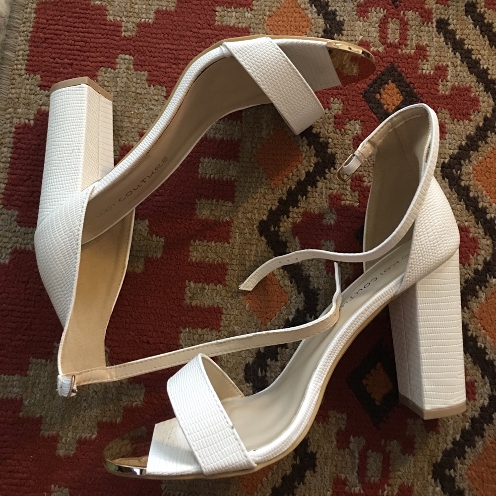 White Faux Lizard Ankle Strap Heeled Sandals