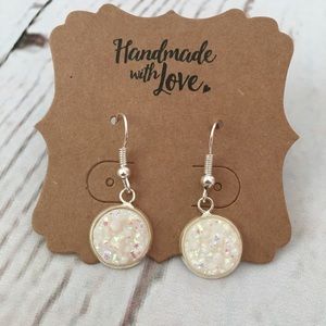 Druzy Earrings Dangly French Hook White Sparkle