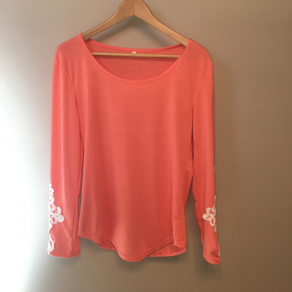 Coral Long Sleeved Lace Cut Out Top