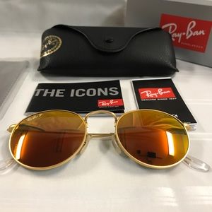 Rayban Round Metal Orange Red Flash Sunglasses NEW