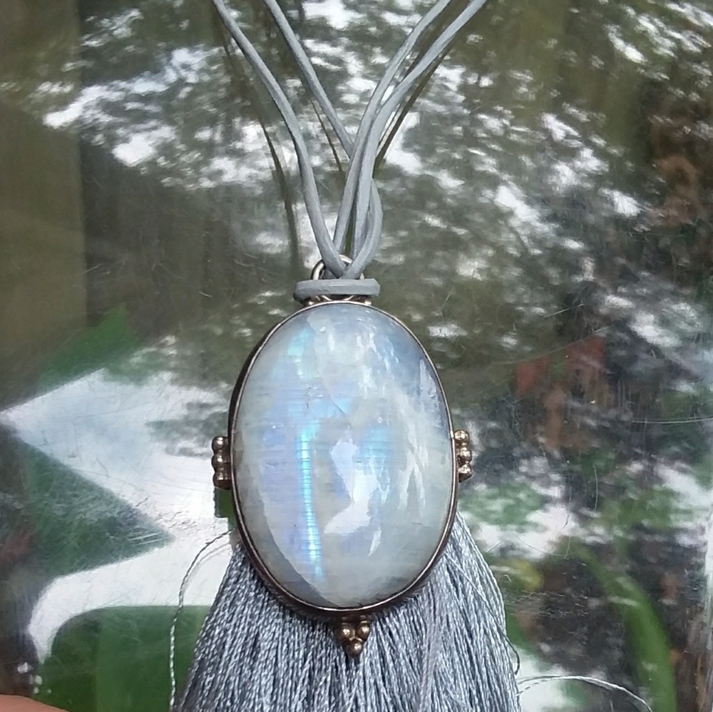 Long leather tie necklace Real moonstone sterling