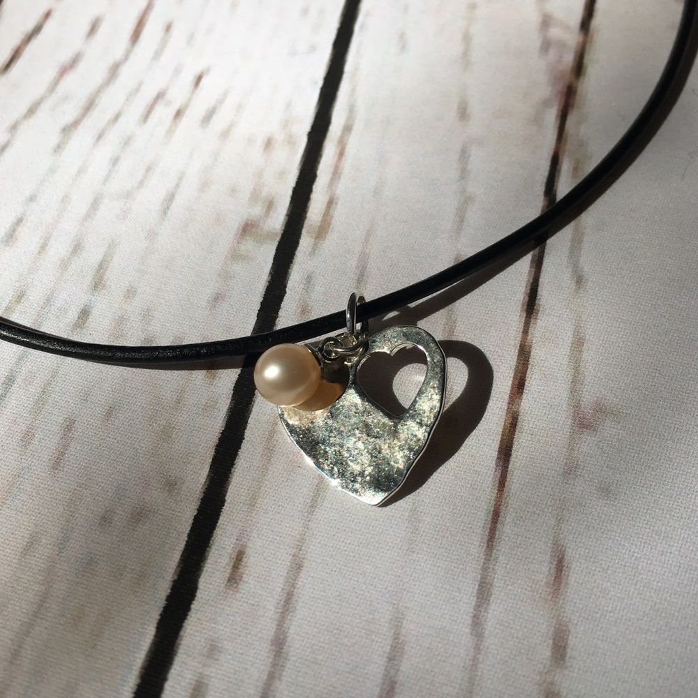 Cream Pearl over Hammered Heart upon Cord Necklace