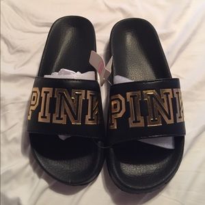 "Pink" black and gold sandals