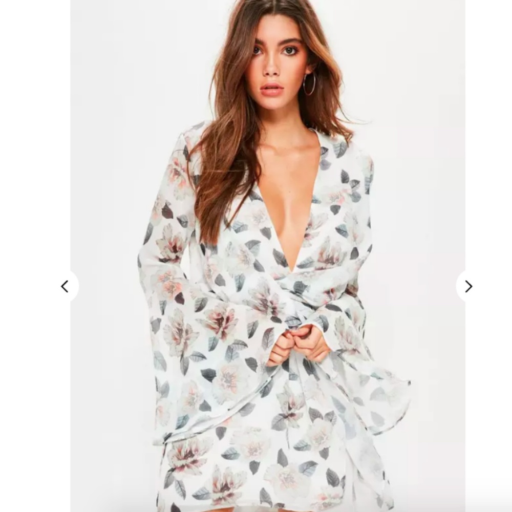 White floral flared sleeve wrap shift dress