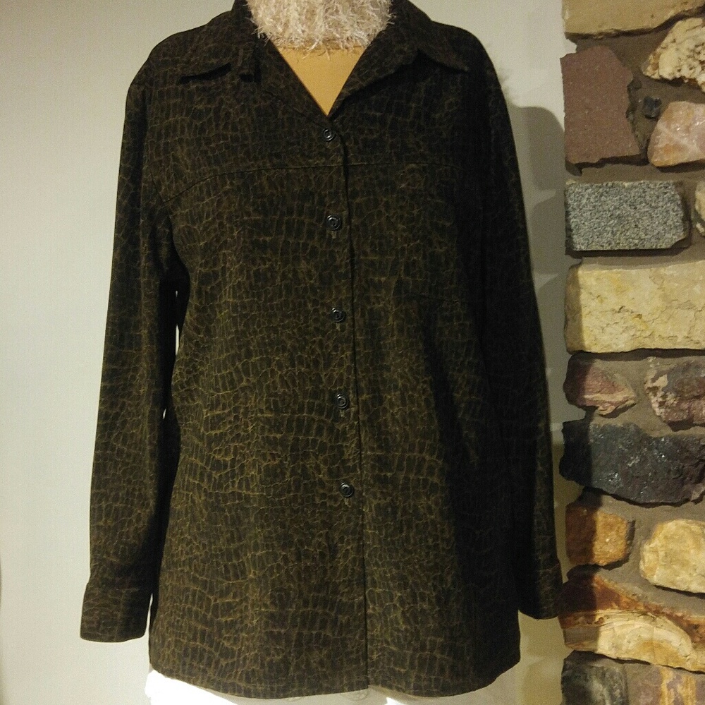 Microsuede animal print shirt jacket.