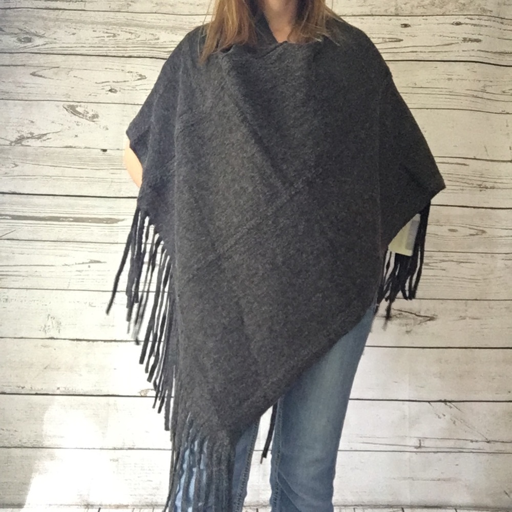 Charcoal Grey Knit Fringe Poncho