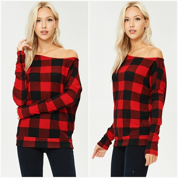 Off The Shoulder Plaid Sweater - Picture 2 of 5