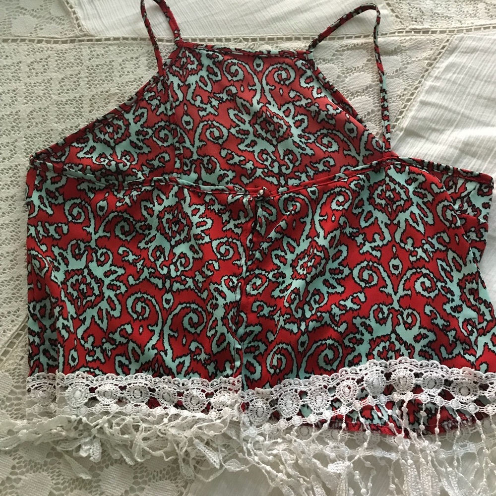 red and blue paisley blouse