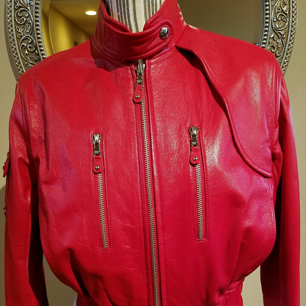 Andrew Marc Moto Racing Red 100% Leather Bomber Jacket w/ Silver Zippers - Picture 2 of 10