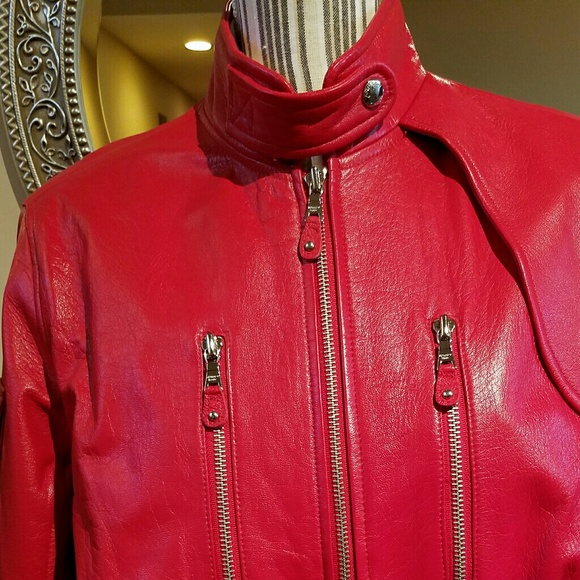 Andrew Marc Moto Racing Red 100% Leather Bomber Jacket w/ Silver Zippers - Picture 3 of 10