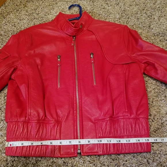 Andrew Marc Moto Racing Red 100% Leather Bomber Jacket w/ Silver Zippers - Picture 9 of 10