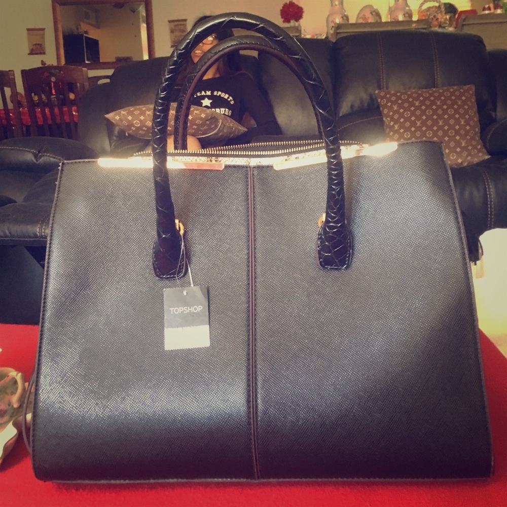 TOPSHOP Black Leather Tote Bag
