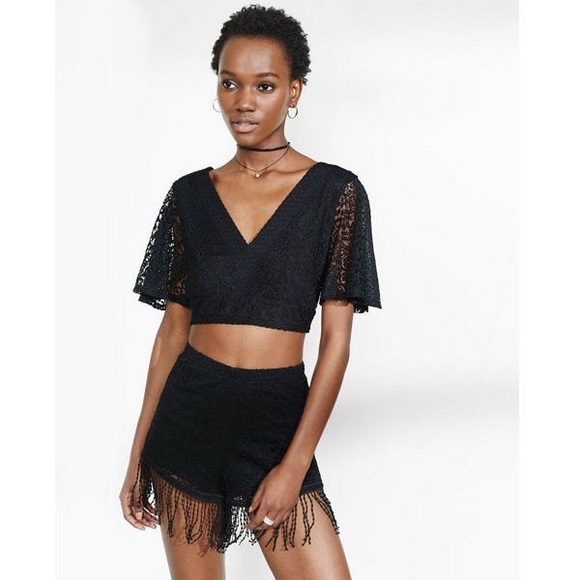 Express Tops - Express Tie Back Crochet Cropped V-Neck Top