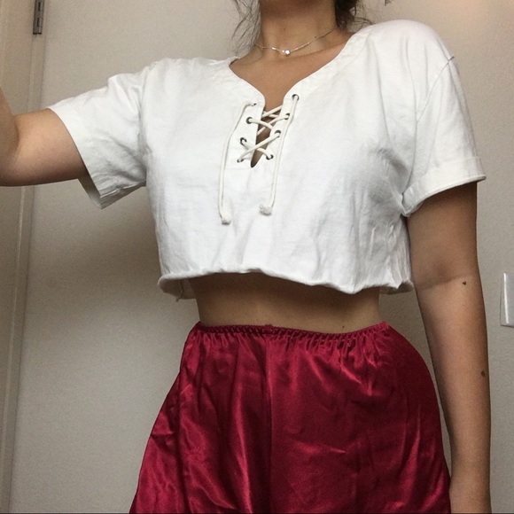 White Lace Up Crop Tee - Picture 3 of 4