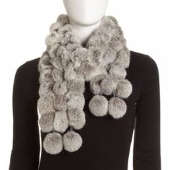 Fashion Scarf with Rabbit Fur Pom Poms Grey