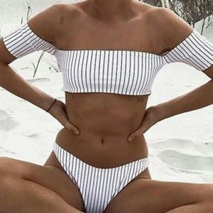 Off the shoulder striped bathing suit
