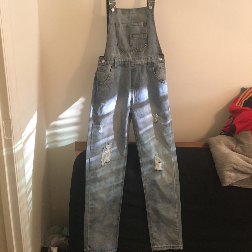 Ripped Stone Wash Denim Overall Jeans