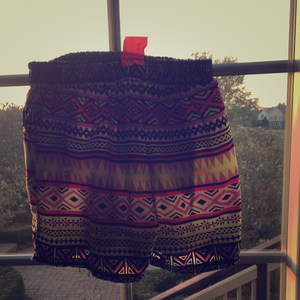Western print shorts. Bright and colorful.