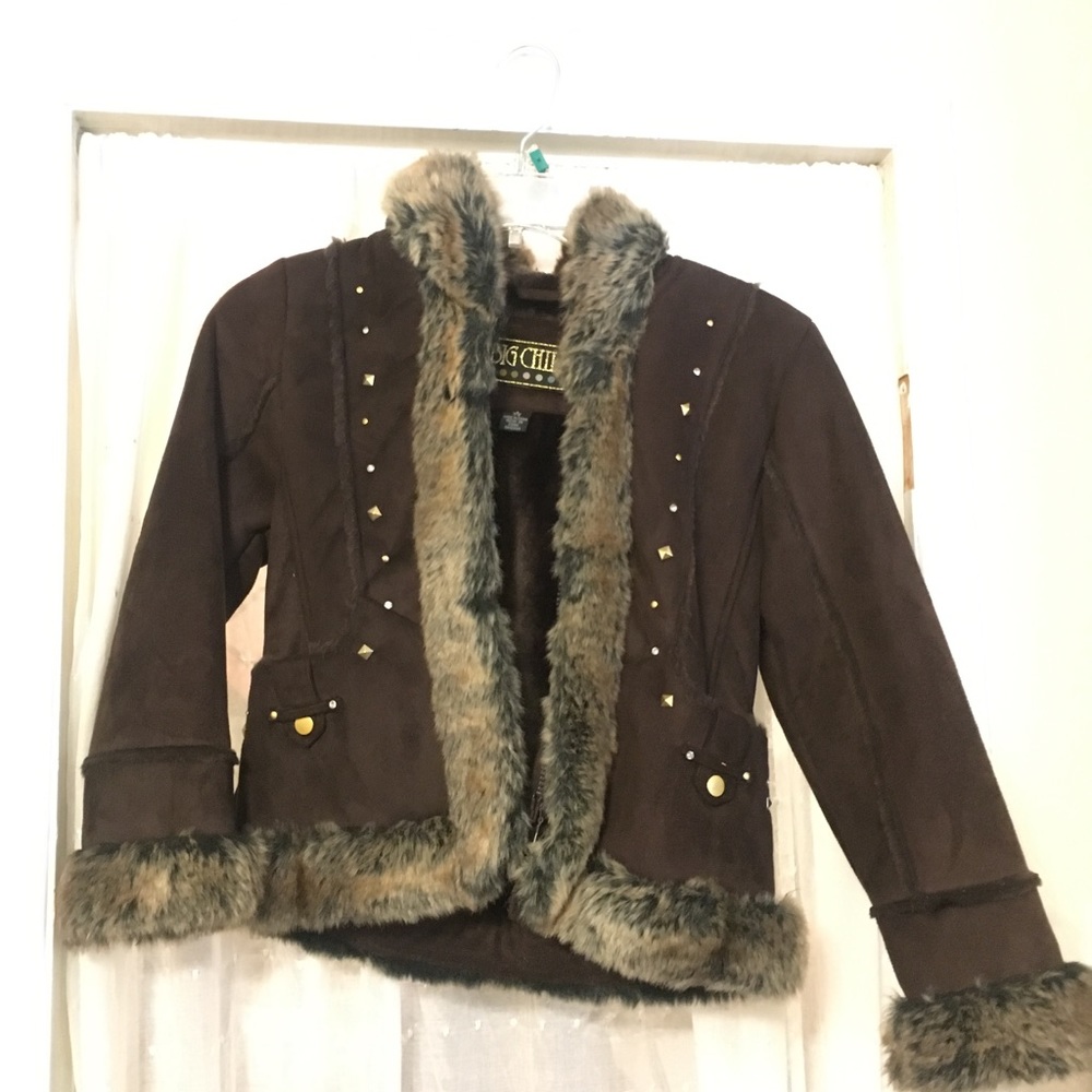 Girls Brown Suede Jacket with Fur Trim and Hood.