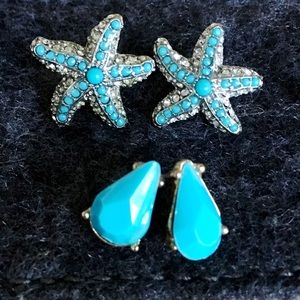 Silver Blue & Diamond Starfish & Turquoise Studs