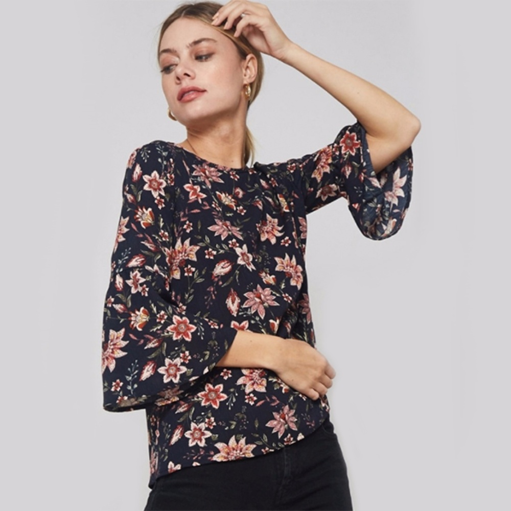 Floral print ruffle trumpet sleeves blouse - Navy