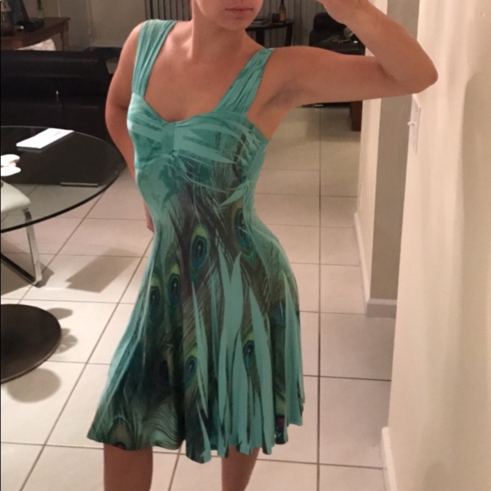 Peacock print Green A-line Midi Dress