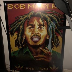 Glass framed Bob Marley poster