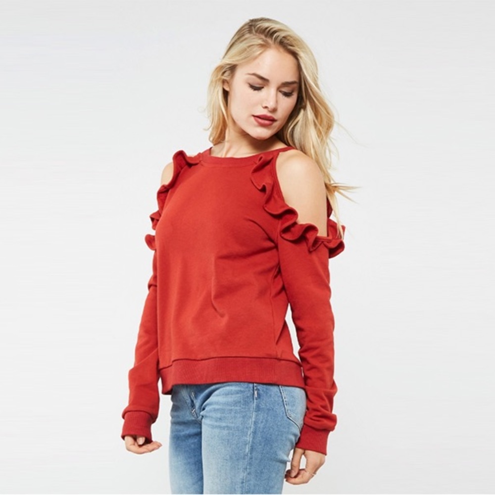 Ruffle Detail open shoulder crew neck sweatshirt