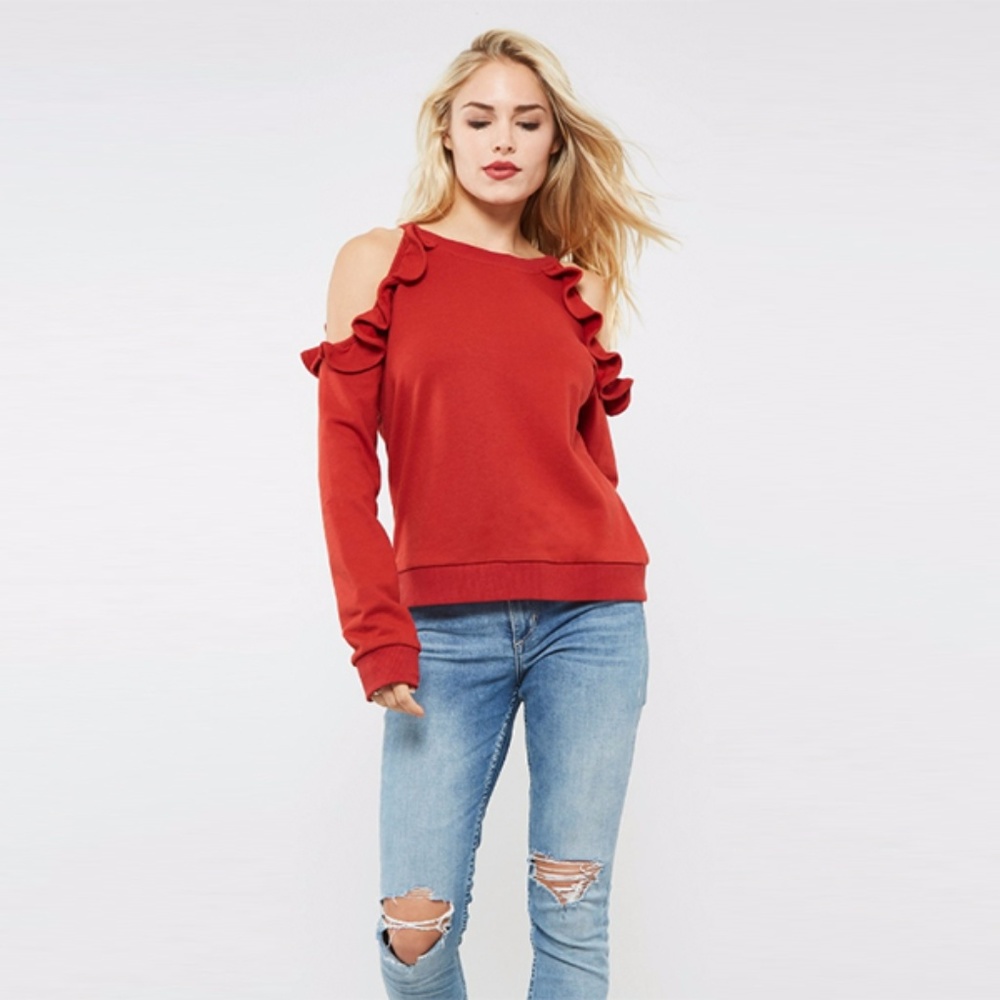 Ruffle Detail open shoulder crew neck sweatshirt