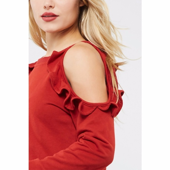 Ruffle Detail open shoulder crew neck sweatshirt - Picture 4 of 8