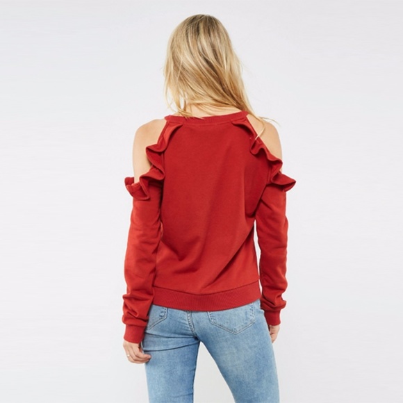 Ruffle Detail open shoulder crew neck sweatshirt - Picture 5 of 8