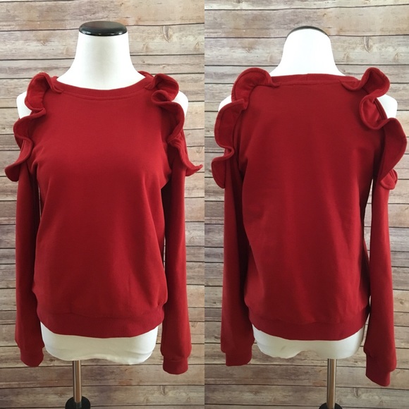 Ruffle Detail open shoulder crew neck sweatshirt - Picture 7 of 8