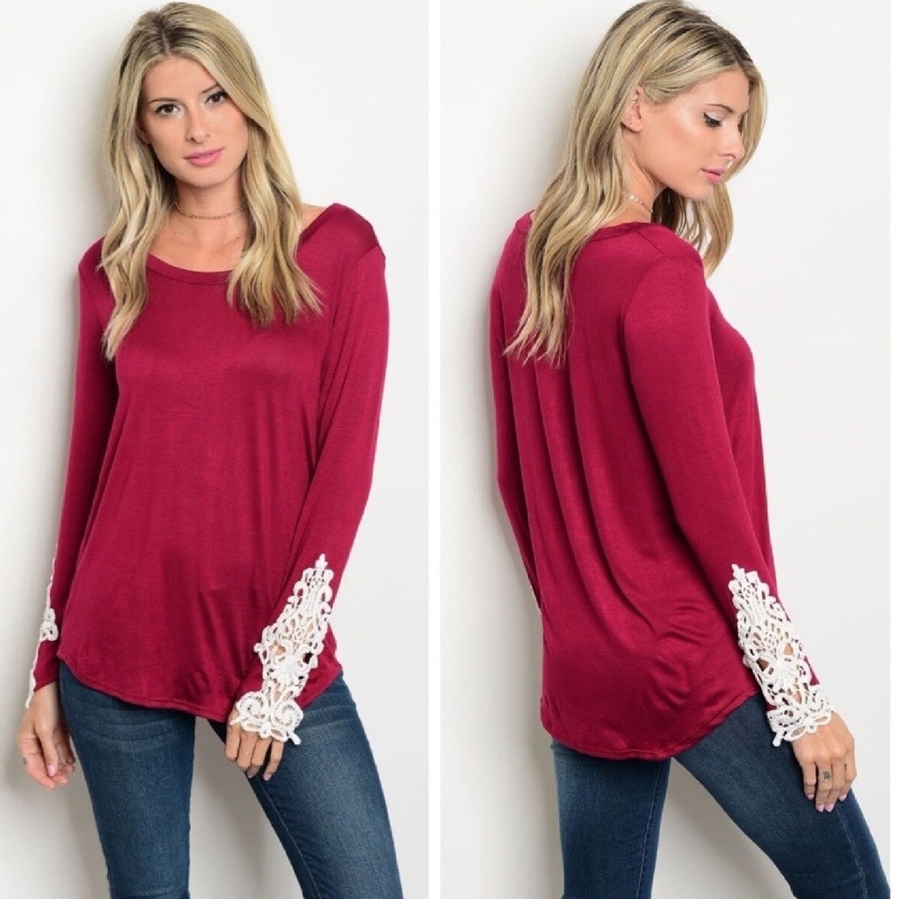 ⭐Clearance Sale⭐Burgundy Crochet Sleeve Tunic
