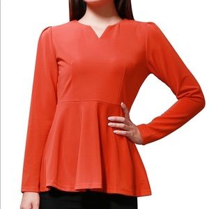 Long Sleeve Zip Back Fitted Peplum Top In Orange