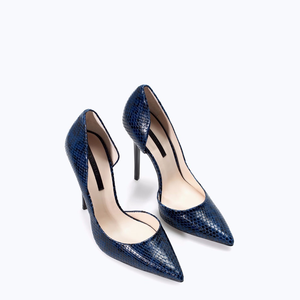 Zara New Navy Snakeskin Leather D'Orsay High Heel