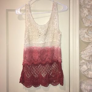 cream and pink lace tank top